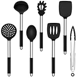 Küchenhelfer Set, Onader 7 Stück Silikon Küchenutensilien Kochbesteck Set mit Edelstahlgriff, Antihaft Kochutensilien Set Sicher für Kochgeschirr, Hitzebeständiger & Spülmaschinenfest, Schwarz