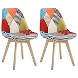 WOLTU Esszimmerstühle 2er Set, Küchenstühle mit Patchwork Design, Massivholz Beinen, Leinen, bis 150 kg belastbar, Mehrfarbig