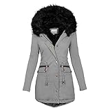 Cantissa Langer Damen-Parka mit Pelzbesatz, mit Kapuze, gepolstert, Winterjacke, Mantel, Winter, warme Baumwolle, Steppjacke, Parka mit Kunstfell-Kapuze, grau, 5XL