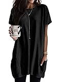 Minetom T-Shirt Damen Sommer Rundhals Kurzarm T Shirt Locker Lang Tshirt Oberteil Longshirt Lose Tshirts mit Tasche Oversized Tee Tops A Schwarz XXL