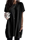 Minetom T-Shirt Damen Rundhals T shirt Kurzarm Locker Lang Oberteil Einfarbig Longshirt Casual Lose Tshirt mit Tasche Elegant Pullover Sweatshirt Langarmshirt Tops Oversized Tshirts A Schwarz XXL