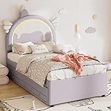 Moimhear 90 * 200cm Cartoon Kinderbett, Einhornform, ausgestattet mit ausziehbares rollbett, PU-Material,Violett