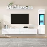 BNUZ TV Wohnwand Set 3-teilig LED Beleuchtung Hochglanz Weiß Wohnzimmer Möbel Set Frontale Wohnwand Weiß 1xTV Schrank, 1xHängeregal, 1xWohnzimmer Vitrine (Weiß/Spanplatte)