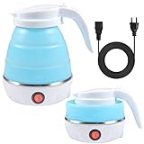 Funmo Faltbarer Wasserkessel, 600 ml Camping Faltbarer Wasserkessel, Elektrischer Silikon Wasserkocher mit Edelstahlboden, Tragbares Mini Reisewasserkocher für Camping, Reisen, Urlaub (Blau)