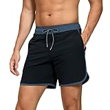 TMEOG Badeshorts Herren Badehose Männer Schwimmshorts Retro Bademode Surf Sport Shorts Kurz Strandshorts Kordelzug Trainingsshorts mit Reißverschlusstasche und Netz(Schwarz,L)