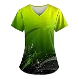 Halloween Damen Kasack Must Have Pflege Berufskleidung Lässig V Ausschnitt Arbeitskleidung 2024 Mode Casual Uniformen Locker Kurzarm Schlupfhemd Basic Bedruckt Taschen (A23 Green,4XL)