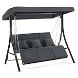 M MCombo Hollywoodschaukel mit Liegefunktion, Gartenschaukel 3 Sitzer, Verstellbarem Dach, Wetterfest Outdoor Schaukelbank, mit Metallketten, 8018 (Dunkelgrau)