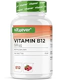 Vitamin B12 Himbeere - 365 Lutschtabletten im Jahresvorrat - Premium: 500 mcg aktives Methylcobalamin + Vitamin C - Hochdosiert - Vegan