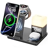 Augnner Induktive Ladestation für iPhone 16/15/14/13/12/11 Serie, 6 in 1 Kabelloses Ladegerät mit Nachttischlampe und Wecker, Wireless Charger Kompatibel AirPods 4/3/2/Pro
