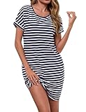 Litherday Nachthemd Damen Kurz Nachtwäsche Streifen Nachtkleid aus 95% Baumwolle Loungewear Negligee Kurze Ärmel Sleepshirt mit 2 Tasche, Dunkelblau+weiß, L