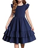 Arshiner Mädchen Kleider Schmetterlingsärmel Kinder Sommer Festliche Kinderkleid Rundhals A Linie Baumwolle Freizeitkleid Swingkleid Lässig Kleider für Mädchen 9-10 Jahre Marineblau 12