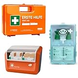 FLEXEO-Erste-Hilfe-Koffer-Set DIN 13157:2021 mit Wandhalterung, mit gefülltem WERO Pflasterspender und FLEXEO Augenspülstation inkl. 2x 500ml Flaschen Kochsalzlösung und Wandhalterung