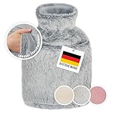 Blumtal Premium Wärmflasche mit Bezug & Tasche aus weichem Kunstfell | Wärmeflasche aus Naturkautschuk | Wärmflasche Kinder & Baby Wärmflasche mit Handwärmer | auslaufsichere Bettflasche | Grau