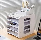 LATERN 5 Stufiger Briefablage Organizer, A4 Papier Ablagefach Aktendokumenthalter Schreibtisch Organizer mit Stifthalter für Home Office Schule Desktop Organisation (Holz-Kunststoff)