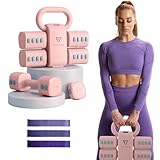 FITVRA Hanteln verstellbar 2 in 1 + Kettlebell verstellbar – Hantel Set für Damen, Rosa, Kurzhanteln 1–3 kg & Kettlebell 2,5–6,5 kg, inkl. 3 Widerstandsbänder & Anleitung