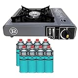 INTEC - Tragbarer Gaskocher, 1 Flammig, 2,2 kW + 8 Butangaskartuschen inklusive, Piezo-Zündung – Camping Wandern Küche Outdoor