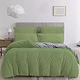 Damier Flauschige Bettwäsche 200x200 Winter Grün Hellgrün Grau Uni Einfarbig Plüsch Wende Bettwäsche Set Kuschelig Cashmere Touch Bettwäsche 3 Teilig mit Reißverschluss und 2 Kissenbezüge 80x80 cm