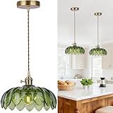 Glas Pendelleuchte Esstisch Hängelampe, E27 Vintage Esstischlampe Hängend mit Grün Blume Glas Lampenschirm, Höhenverstellbar Esszimmerlampe Retro Pendellampe für Schlafzimmer Küche Esszimmer, Ø 26cm