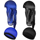 Wanmu Seidiges Durag-Set für Kinder, seidiger Satin, extra langer Schwanz, breiter Schwanz und breiter Riemen, breite Riemen, Wellen, 4-teilig, schwarz/blau, Medium