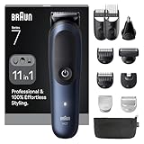 Braun All-in-One Trimmer-Set 7, 11-in-1 Multigroom, Haarschneidemaschine für Gesicht, Kopf und Körper, Barttrimmer, Nasenhaartrimmer, 120 Min Akku, 14 Längen (3–21 mm), Wasserdicht, AIO7540, Blau