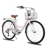 HILAND 26 Zoll Cityräder für Erwachsene, Step-Through Rahmen Damenfahrrad mit Gepäckträger und Korb, Herren und Damen 7 Gang-Schaltung Hollandfahrrad Citybike, City-Pendlerfahrrad für Männer, Rosa