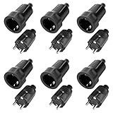 6 Paar Schuko Stecker Kupplung, 250V 16A Schutzkontakt Stecker, Gummistecker Kupplung, 2-polig Aussen Gummi Schukokupplung Set, Wasserdicht Schukostecker für Außenbereich, Schwarz