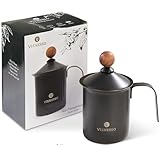 VIENESSO Milchaufschäumer (Manuell/Hand) aus Edelstahl - Milk Frother/Milchschäumer mit Doppelsieb: erzeugt cremigen Milchschaum für Kaffeespezialitäten, inkl. Barista E-Book (400 ml)
