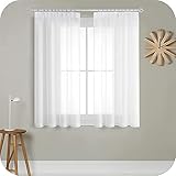 MRTREES Gardinen mit Kräuselband Stores Gardinen Weiß kurz transparent 145X140cm (HXB) Schlaufenschals 2er Set Vorhänge in Leinenoptik für Wohnzimmer Schlafzimmer Mädchen Jugend Curtains