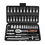 LLNEDL 1/4 Zoll Steckschlüsselsatz, 46 teilig Steckschlüssel Bit Set Metrisches mit Flexiblen Verlängerungsstangen, Schnellspann Umschaltknarre -für die Reparatur zu Hause und DIY