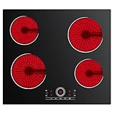 CDV Glaskeramikkochfeld Cerankochfeld 4 Platten, 59CM, Kochfeld Autark Herdplatte 4 Kochfelder, 99Min Timer, 6000W, 9 Leistungsstufen, Touch-Steuerung, Kindersicherung, Geeignet für Alle Töpfe