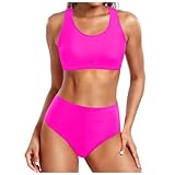 QWUVEDS Damen-Bikini mit hoher Taille, sexy Push-up-Zweiteiler-Badeanzug, Vintage-Badeanzug, Zweiteiliger Retro-Bikini-Set mit gerüschtem Print hoher Taille Fitness Herren (Hot Pink, L)