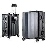 Meoky Große Koffer mit Rädern, Handgepäck, Hartschalenkoffer mit USB-Ladegerät, Getränkehalter, TSA-Passwortsperre,Schwarz,20in