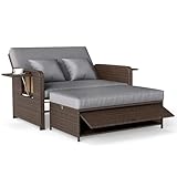 COSTWAY 3 in 1 Polyrattan Sonnenliege, Gartenliege mit Verstellbarer Rückenlehne & Seitenablagen, Loungebett, Doppelliege mit Kissen, Gartensofa mit Liegefunktion, Hocker & Stauraum (Grau)