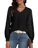 Hount Damen Spitzenbluse V Ausschnitt Party Oberteile Business Outfit Langarm Shirtbluse (L, Schwarz)