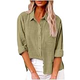 Bluse Damen Elegant Langarm Hemden mit Knöpfen Büro Arbeit Blusen Baumwolle Tunika Hemd Oberteile Tops Leinenbluse Lang V-Ausschnitt Blusenshirt Langarmshirt Lässig Baumwolle Tuniken Frauen Sale
