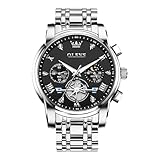 OLEVS Silber Armbanduhr Herren Edelstahl Modern Wasserdicht Uhren Herren Groß Schwarz Zifferblatt Lässiger Analog Kleid Herrenuhren mit Mondphase Leuchtende Chronograph Uhren für Männer Metallarmband