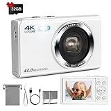 LAMA Digitalkamera, Mini Digitalkameras 4K 44MP Fotokamera Autofokus Kompaktkamera, 2,4 '' LCD 16X Zoom Blitz Digital Kamera mit 32G Karte, 2 Akku, Fotokamera für Kinder, Teenager, Anfänger(Weiß)