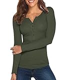 Damen Shirt Langarm V-Ausschnitt Basic Oberteile Button Casual Pullover Einfarbig Langarmshirt(Armeegrün,Small)