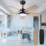 Mefine Deckenventilator mit Beleuchtung und Fernbedienung Leise, 106 cm Deckenventilatoren mit LED Lampe mit 5 Holz Ventilatorflügeln, Holzmaserung/Schwarz, für Schlafzimmer Wohnzimmer, Stangenmontage