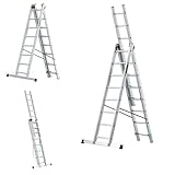 DRABEST Leiter PRO Serie Aluleiter 3-teilig Mehrzweckleiter 3x8 Stufen Leiter Multifunktionsleiter Kombileiter bis 150 kg Beslastbar - Arbeitshöhe 5,05 m - inkl. Eimerhaken