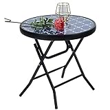 PHIVILLA Klappbar Runder Beistelltisch Glas aus Metall Gartentisch Kaffeetisch Klein Balkontisch wetterfest pflegeleicht für Balkon Garten Terrasse Wohnzimmer