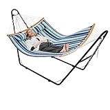 Yaheetech Hängematte mit Gestell & Kissen, Doppelhängematte bis 215 KG Belastbar XXL Hängematte für 2-3 Personen, Garten Balkon Terrasse, Blauer Streifen