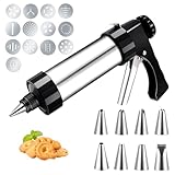 Edelstahl Gebäckpresse Set, Spritzgebäck Presse mit 8 Tüllen und 13 Schablonen, Profi Keksmaschine, DIY Backen Garnierspritze für Kuchen Kekse