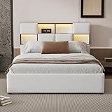 WIZBED Polsterbett 140x200 Doppelbett - Kopfteil mit Ablagefächer, L-E-D und USB-Port - Bettgestell Bett mit Lattenrost, Funkionsbett Jugendbett Gästebett, ohne Matratze (Beige White, 140x200)