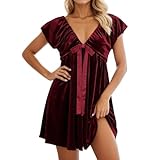 Eauptffy Kleid Damen Herbst Winter V-Ausschnitt Schleifen-Detail Samtkleid Party-Abendkleid Festliches Anlasskleid Elegant