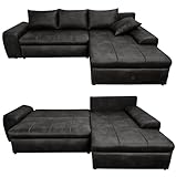 Vintage Ecksofa mit Schlaffunktion und Bettkasten 266x186 cm, Wellenunterfederung, Ottomane rechts, gemütliche Lounge Couch mit Mikrofaser-Stoff in Leder-Optik Schwarz / 18013
