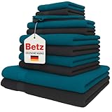 Betz 12-TLG. Handtuch-Set Palermo 100% Baumwolle 2 Liegetücher 4 Handtücher 2 Gästetücher 2 Seiftücher 2 Waschhandschuhe Farbe Petrol und anthrazit