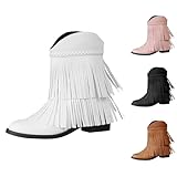 BOTCAM Damen Westernstiefel Mit Quasten Cowboystiefel Wildleder Kniehoch Stiefeletten Blockabsatz Cowboy Boots Damenstiefel Schlupfstiefel Halbhoch Schuhe Niederung Stiefel Übergangsstiefel