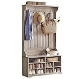 VASAGLE Garderobenständer mit Schuhbank, Garderobe, Schuhaufbewahrung, 5 Dreifach-Haken, freistehend, platzsparend, für Eingangsbereich, Flur, verstellbare Regalebenen, Greige HSR404T02