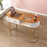 Moderner Nageltechnik-Schreibtisch aus Holz mit Schubladen und 3-stöckiger Aufbewahrung, professioneller Maniküretisch für Salon, Spa und Zuhause, eleganter goldener Glas-Schreibtisch, 100 cm